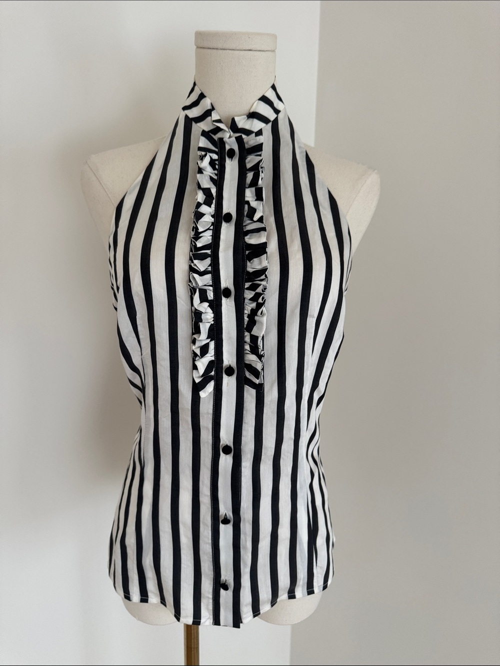 Alexander McQueen Vintage Black & White Striped Ruffle Halter Button-Front Top